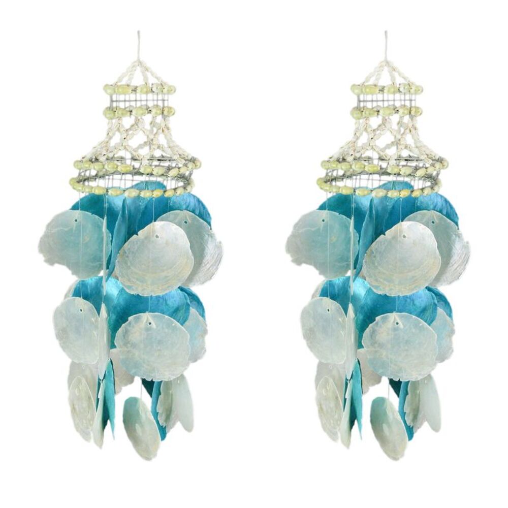 Set of 2 Coastal Blue and White Capiz and Cowrie Shell Wind Chimes Garden Patio